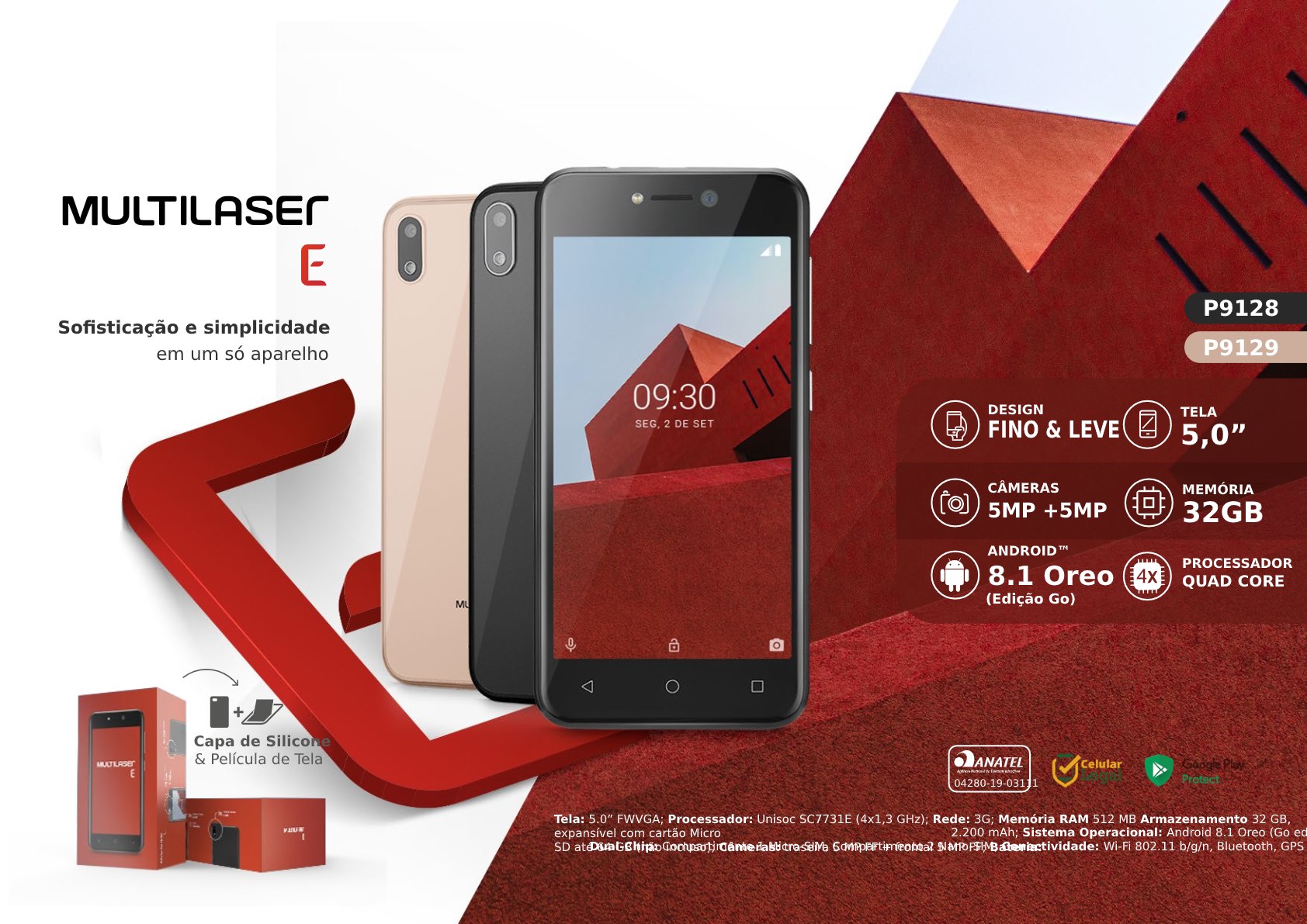 Smartphone Multilaser E 32GB 3G Tela 5.0 Quad Core Câmera traseira 5MP + 5MP frontal Preto